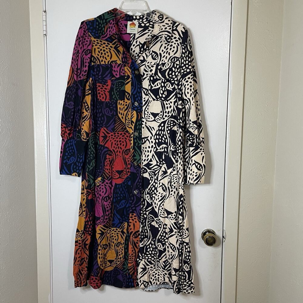 FARM Rio Mixed Midnight Leopard Dress Button front long sleeve medium -no belt - Picture 2 of 6